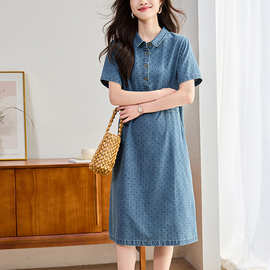 牛仔连衣裙女夏季2025新款气质妈妈波点衬衫裙遮肉显瘦圆点长裙子