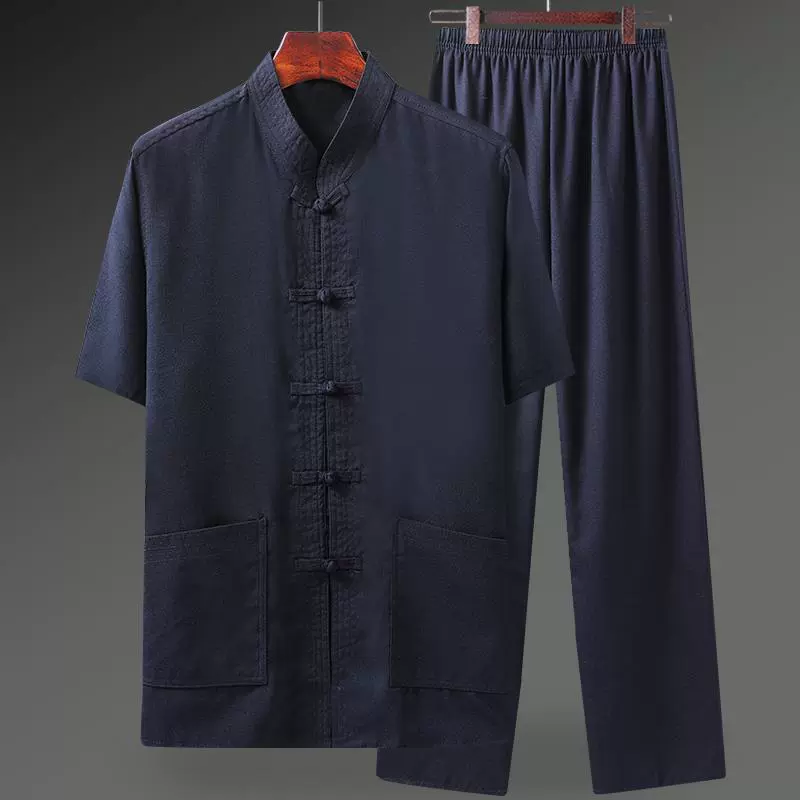 Летняя одежда Тан для мужчин и пожилых людей с короткими рукавами из хлопка и льна в китайском стиле