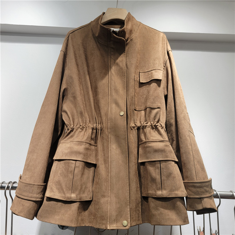 2025 Autumn British Stand Collar Jacket High Quality Trendy Suede Jacket Women's Retro Drawstring Waist Work Top