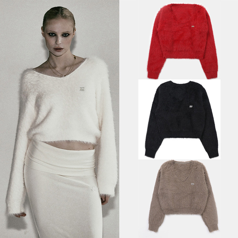 Badblood American Mohair Long-Sleeved Knitwear Sexy Casual V Neck Short Soft Waxy Autumn and Winter Top