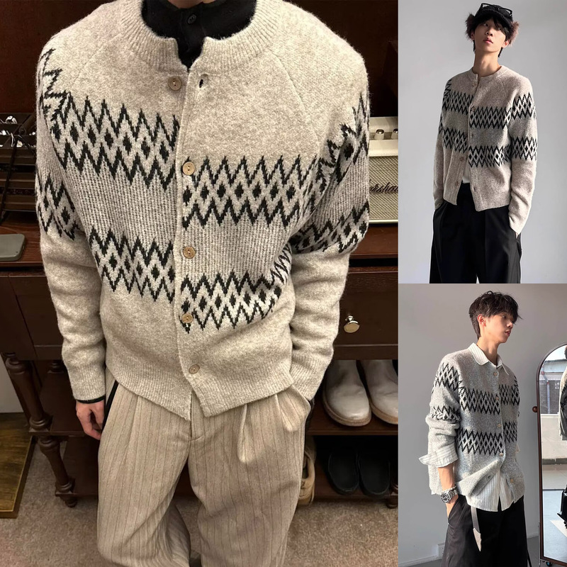 Fair Isle Jacquard Diamond Striped Knit Sweater Men's Cardigan Jacket Old Money Style Autumn Winter Cross-Border Factory Wholesale