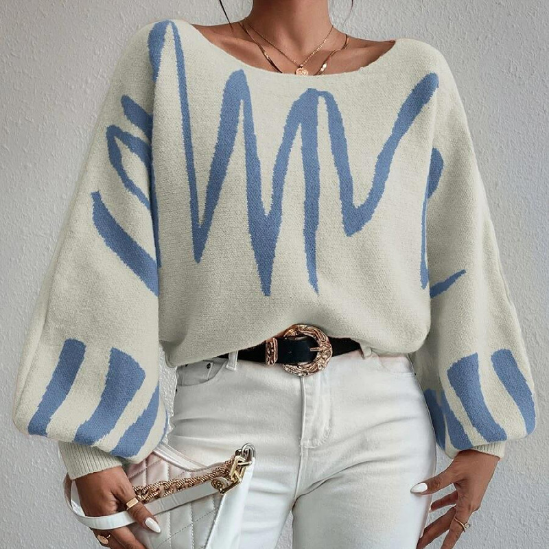 European and American Foreign Trade Amazon 2025 New Style Loose Pullover Knitted V-Neck Lantern Sleeve Design Sweater for Women