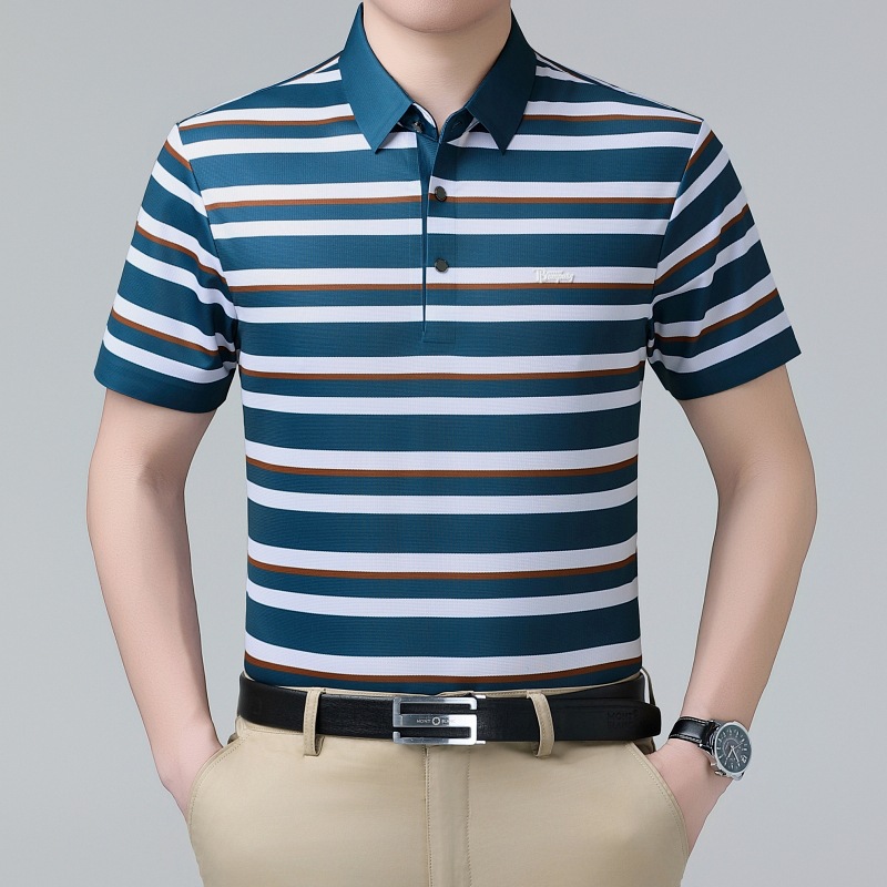 专柜男士桑蚕丝T恤时尚条纹宽松中年爸爸上衣免烫无痕男装POLO衫