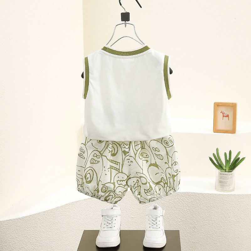 7808 traje de chaleco de verano para niños 2025 nuevo estilo estilo occidental moda para niños casual pantalones cortos de dibujos animados para bebés delgados