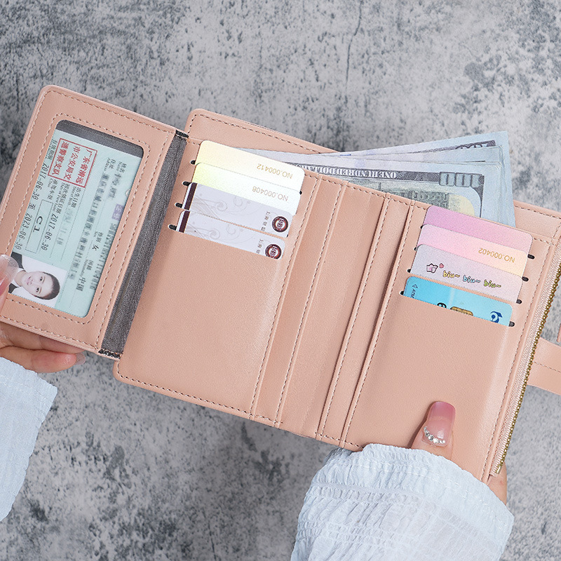 Cartera de Mujer Nueva 2023, Cartera Corta de Cuero PU con Cremallera, Monedero Triple, en Existencia, Versátil, al por Mayor