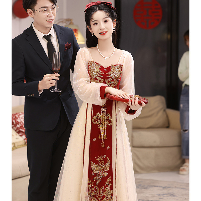 新中国式敬酒服花嫁2025新型高級感ネット糸婚約ドレスワンピース長袖赤色回門|undefined