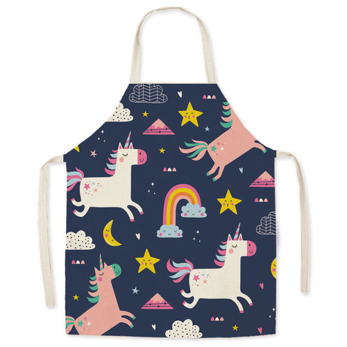 Faux Linen Art Cartoon Unicorn Apron Oil-Proof Waist Apron Parent-Child Kitchen Adult Sleeveless Neck Apron