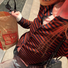 早春氛围感单品~蓝棕条纹超细羊毛条纹开衫