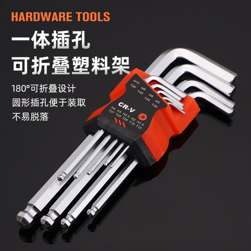 Juego de cabeza de bola hexagonal llave plateada mate alargado extra-larga cabeza de bola hexagonal 9 piezas traje hexagonal al por mayor