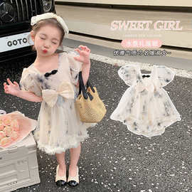 X161水墨礼服裙夏季新款中小儿童中国风水墨画唐装礼服纱裙