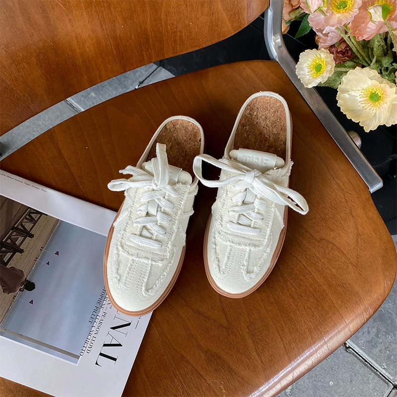 Балетные туфли с плоской подошвой Baotou Half Drag Little White Shoes Female Retro Wearing Moral Training Shoes One Passing Lazy Commuters Casual Canvas Shoes