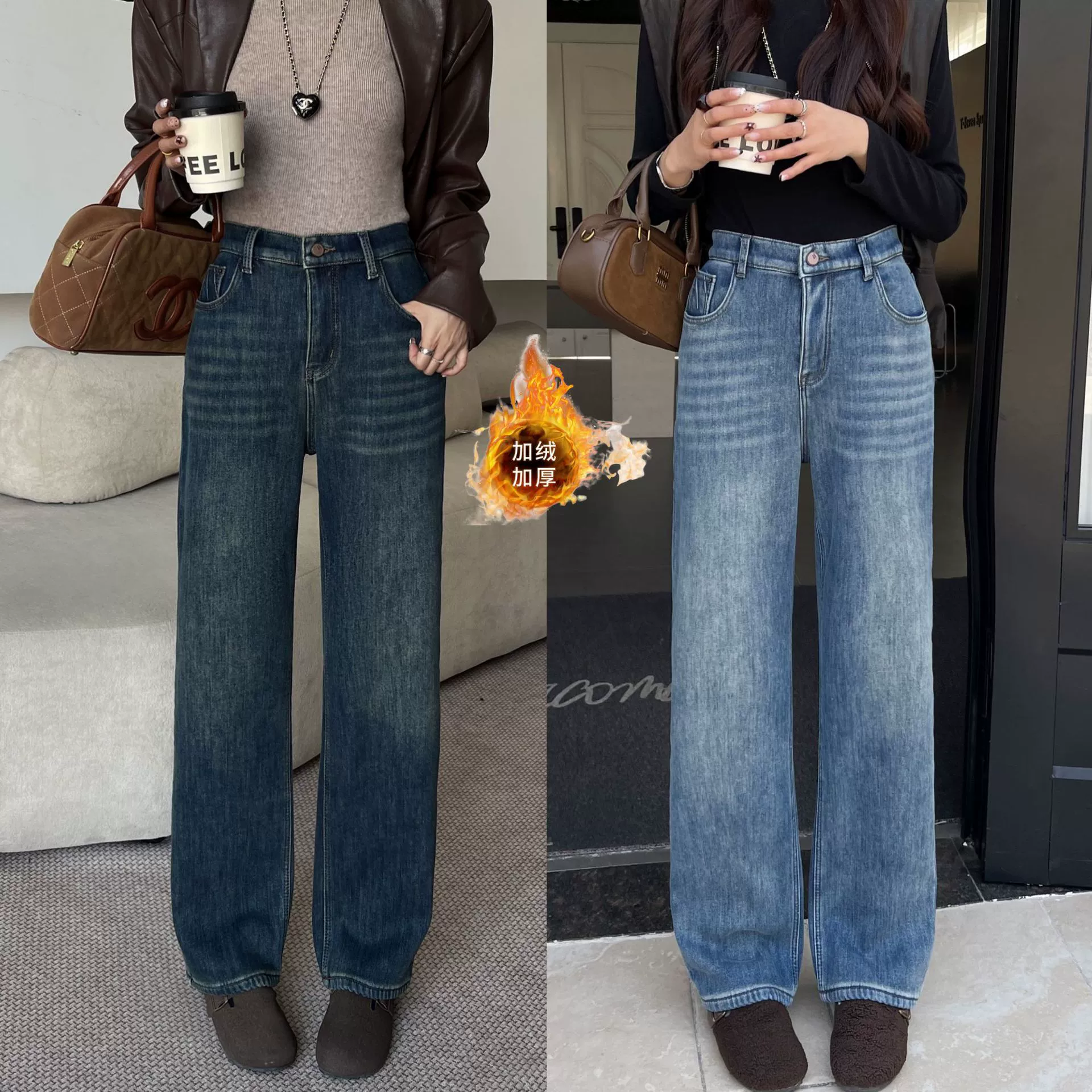 Осенние демисезонные флисовые джинсовые casual брюки, большой размер, slim/облегающие, свободный прямой покрой, оверсайз