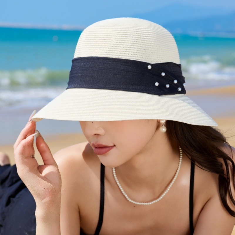 Cappello da sole in paglia raffia stile hepburn con perle donna_voghion.com