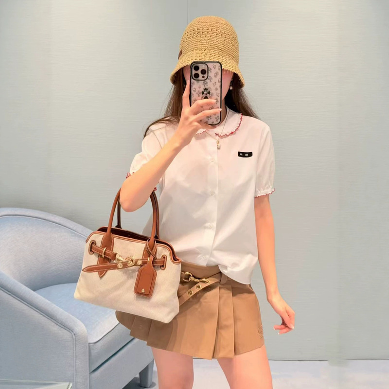 High-End Version m Brand Lace Doll Collar Women's Shirt with Jacquard Lettering, Summer Pure White Short-Sleeve T-Shirt Top for Women
