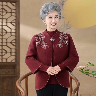 【100%纯羊毛】开衫妈妈厚款外套秋冬上衣两件套装奶奶毛衣中老年