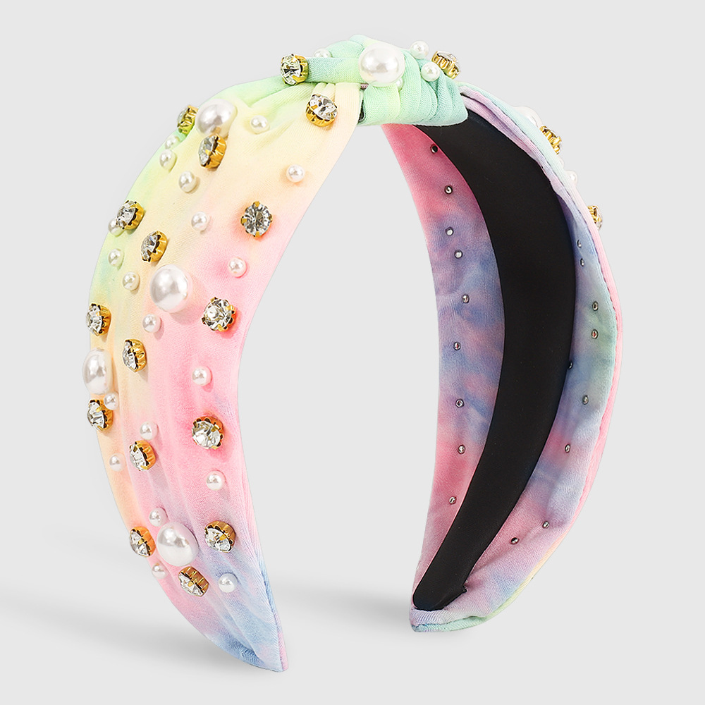 Fashion Tie Dye Cloth Inlay Artificial Pearls Rhinestones Hair Band 1 Piece display picture 3
