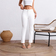 跨境海外仓现货代发欧美亚马逊女装纯白色大码白色九分直筒牛仔裤