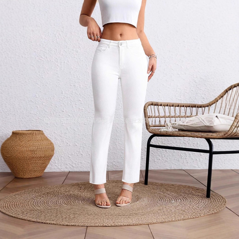 Cross-Border Overseas Warehouse Spot Delivery European and American Amazon Women's Pure White Large Size White Nine-Point Straight Jeans