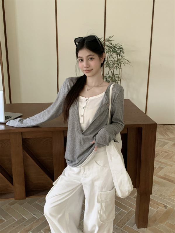 半开领撞色假两件T恤女春秋新款chic设计感长袖宽松百搭显瘦上衣|undefined