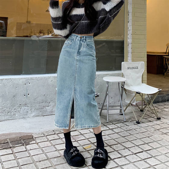 Spring New Design Niche High Waist Mid-length Denim Skirt Women's Front Split Slimming A- line Hip Skirt