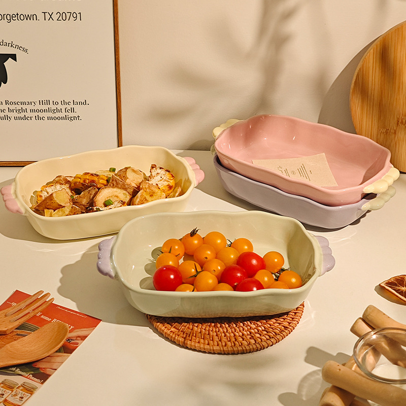 Ins-Style Korean Candy-Colored Ceramic Rectangular Baking Dish for Oven and Microwave, Cheese Baked Rice Plate with Double Handles Ins-Style Korean Candy-Colored Ceramic Rectangular Baking Dish for Oven and Microwave, Cheese Baked Rice Plate with Double Handles