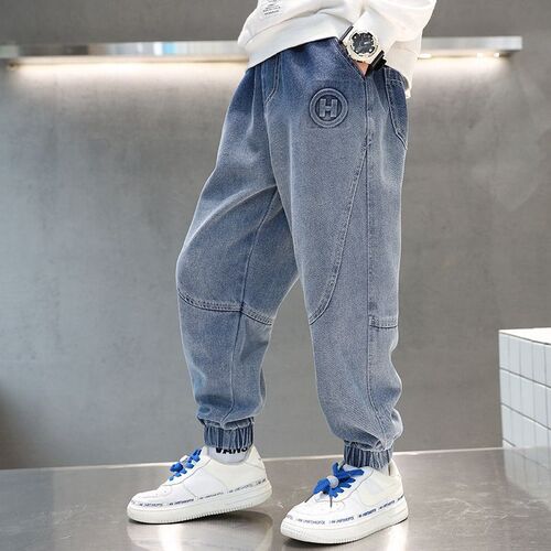 Children's Elastic Denim Pants Spring and Autumn Style 2025 New Arrival Boys and Young Teenagers Winter One-piece Fleece Pants