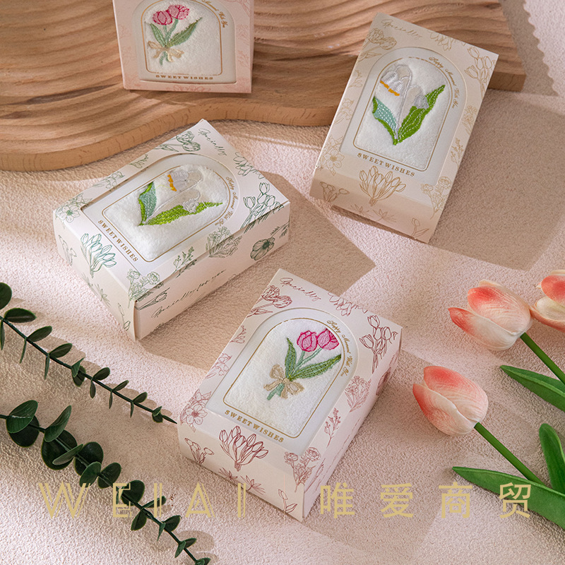 Supply wholesale embroidered towel hand gift wedding gift handkerchief tulip face square towel