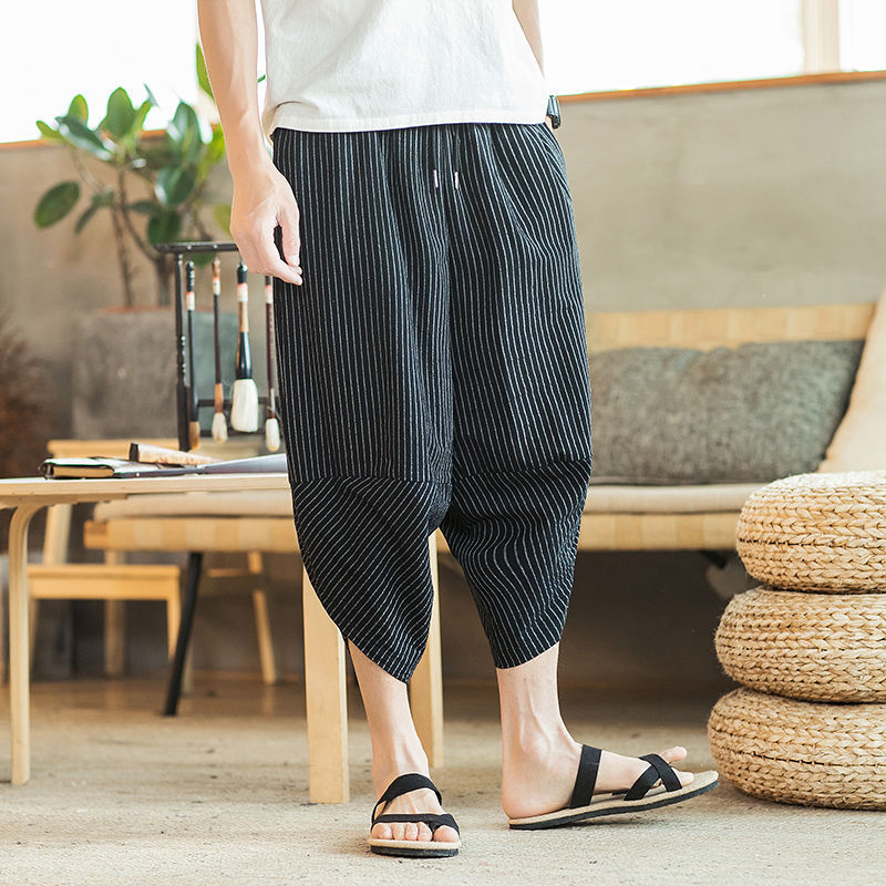 Pantalones cortos, pantalones casuales sueltos de lino de estilo chino étnico de verano para hombres, más gordos y grandes pantalones de bombachos gordos de moda