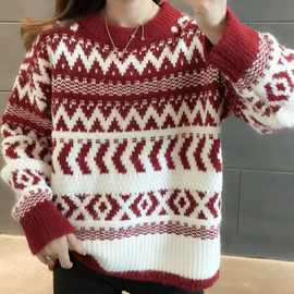 红色圣诞洋气软糯毛衣女新年秋冬季加厚复古宽松慵懒风圆领针织衫