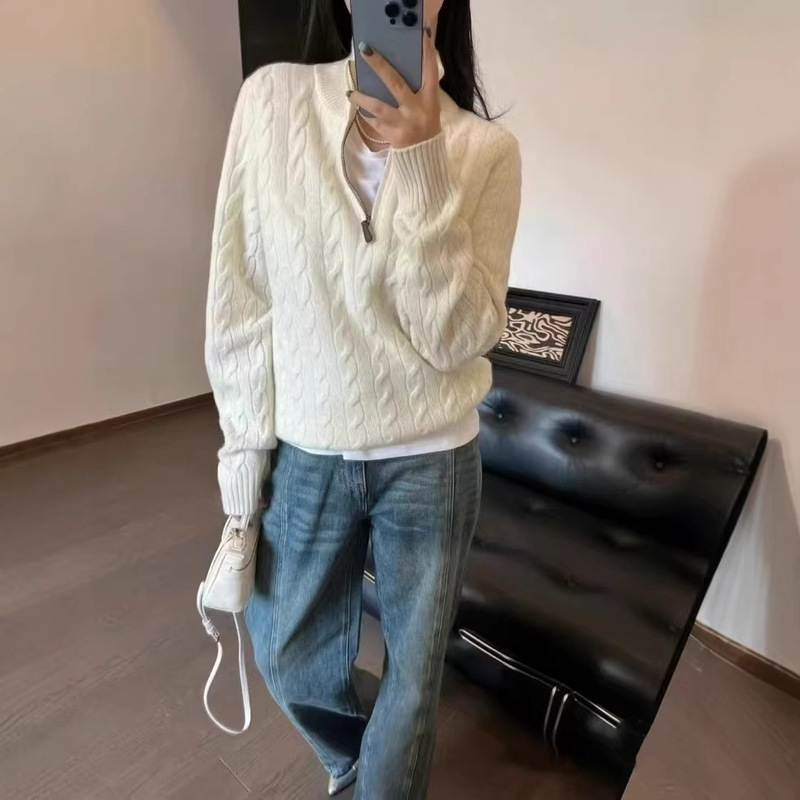 Original Label/Scanable Code Ralph Lauren Half-Zip Cable Knit Sweater with Small Embroidered Logo, Unisex Half-Open Collar Long-Sleeve Sweater