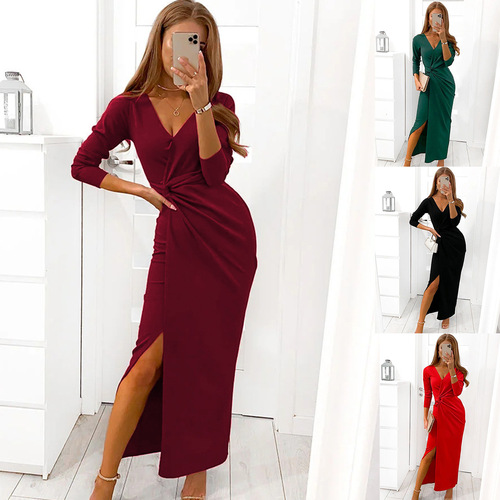 Wine red black evening dress singers stage performance V-neck long-sleeved split dress