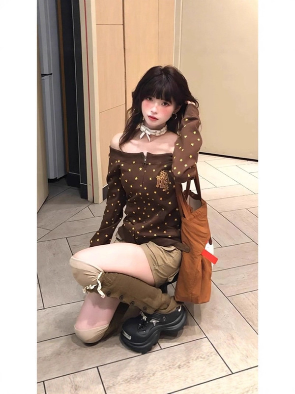 美拉德露肩短款卫衣女秋季星星满印拉链开衫美式辣妹修身显瘦上衣|undefined