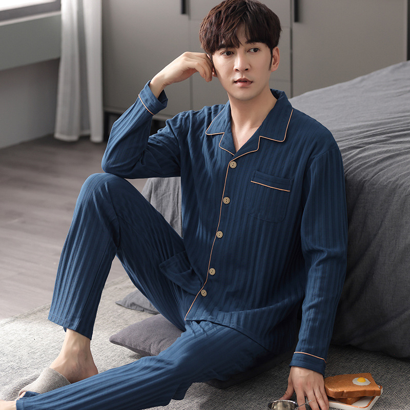 2025 新しいパジャマメンズ秋と冬の綿ルーズ長袖カーディガンラペルハイエンドホームウェアセット