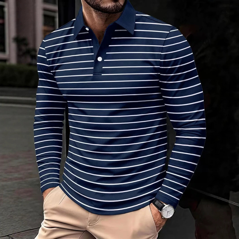 Men's Casual Long-Sleeve Polo Shirt - Classic Navy Blue and White Striped Golf Polo Shirt
