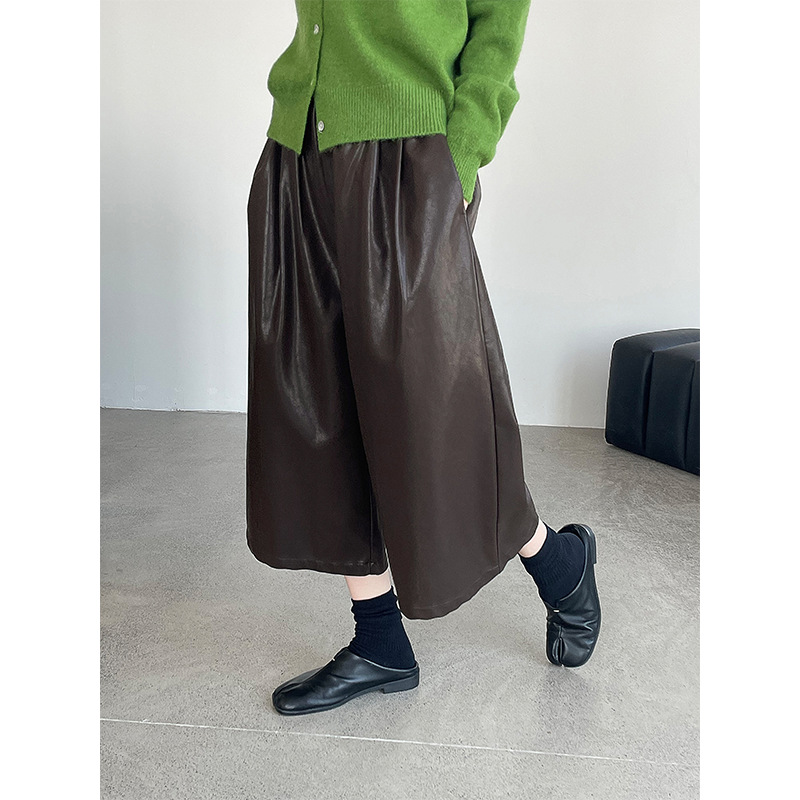 滔川    韩系宽松八分PU皮裤女25秋上新高腰显瘦百搭阔腿裤2813