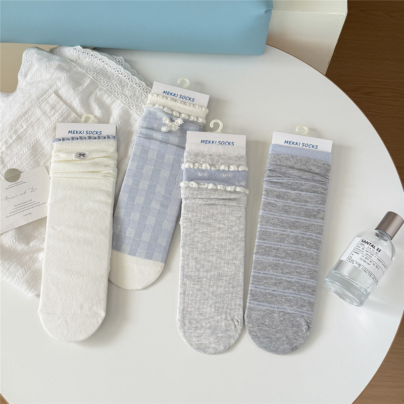 Women's Socks for Spring and Summer, Blue Sea Salt Style, Lace Ruffle Socks, Loose Top, Ultra-Thin Mid-Calf, Korean Minimalist Style Cotton Socks