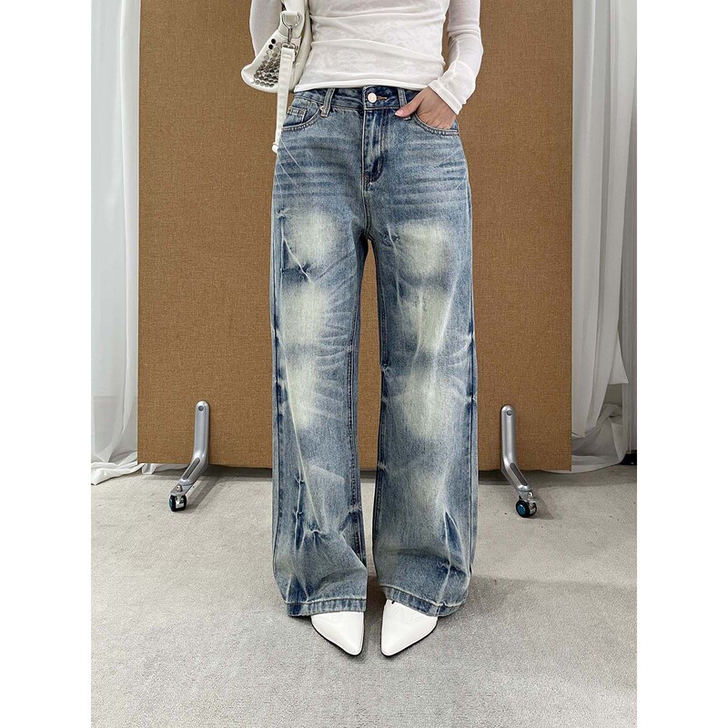 See 3L American retro blue jeans for women, autumn wash design, drapey, floor-length straight pants h4050