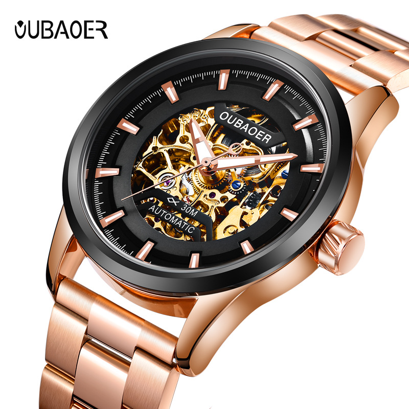 OUBAOER Opel OB2002C hombres reloj mecánico automático industria pesada diseño hueco reloj de acero inoxidable