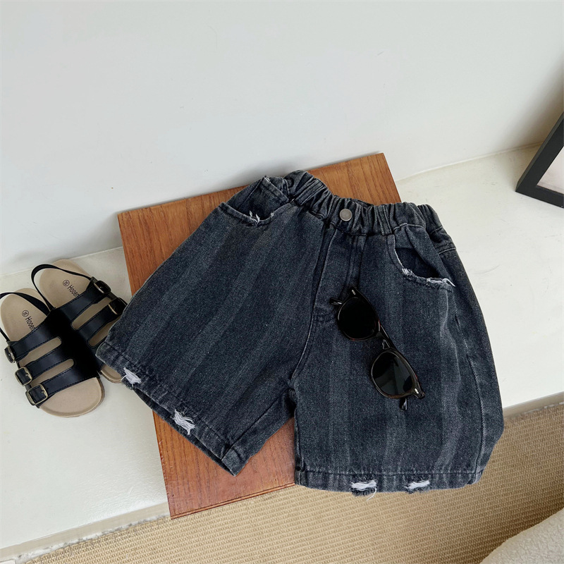 Boys summer American distressed shorts, children's dark cut denim loose casual pants, 5/4 pants_voghion.com