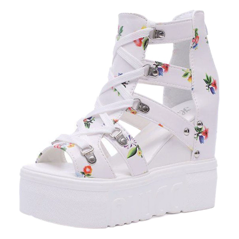 Женские босоножки на высоком каблуке, новинка лета 202, туфли на танкетке на толстой подошве для студентов, римские сандалии с вырезом «рыбий рот», внутреннее повышение