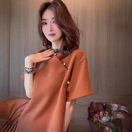 新中式女装国风独特咖色斜襟设计感不规则连衣裙子超好看新款夏季
