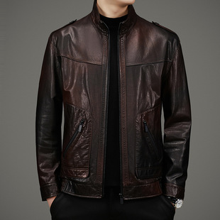 Top Layer Cowhide Leather Jacket Men's Genuine Leather Jacket 2025 Spring and Autumn Korean Style Vertical Collar Casual Biker Overalls