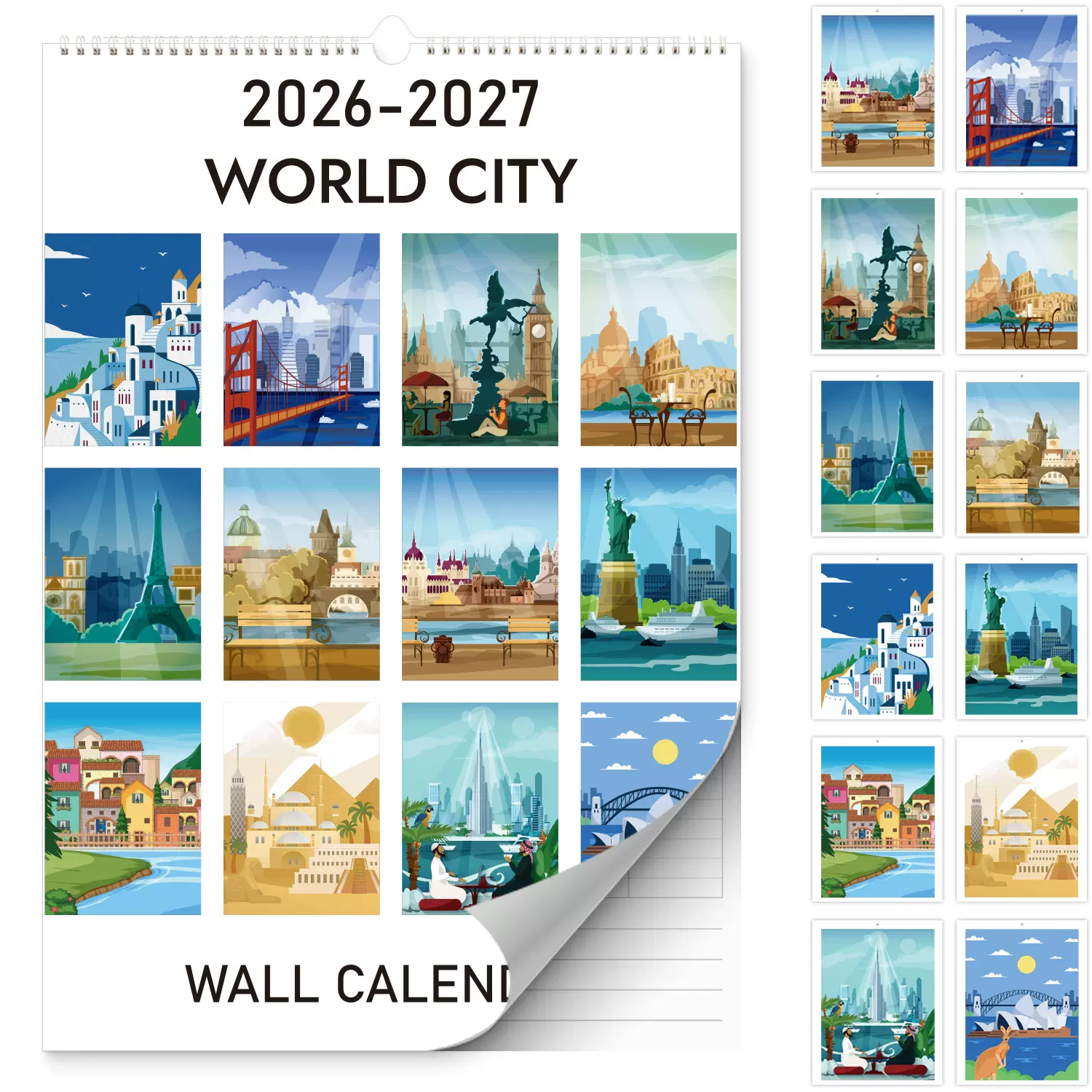 跨境英文墙面挂历26-27英语版YO线圈挂历插画手绘风计划表自律打