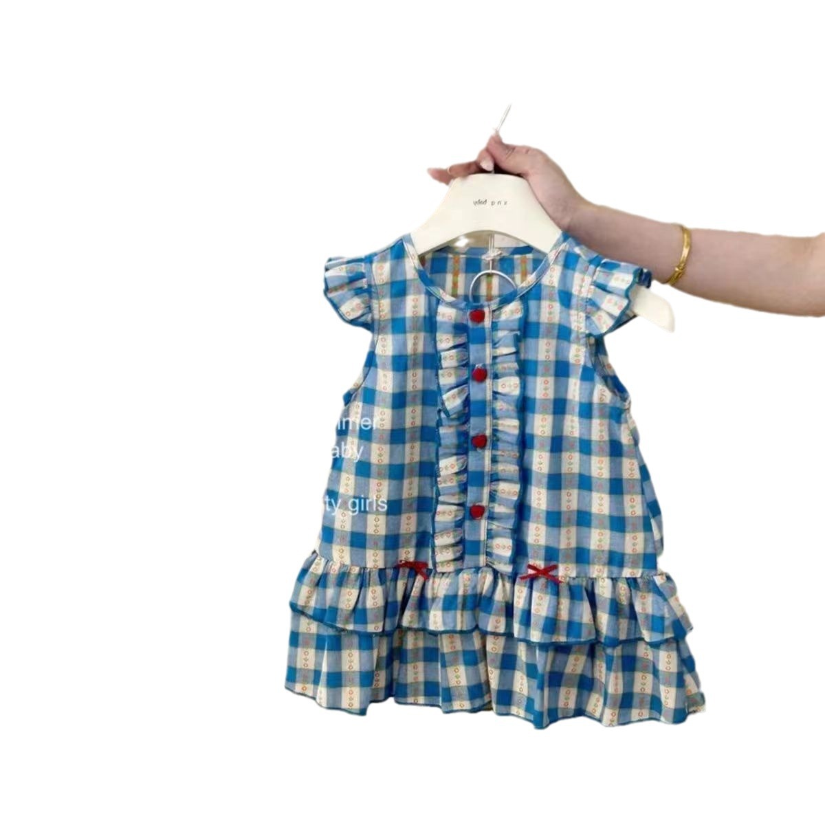 2024 여자 대학 스타일 블루 체크 무늬 신선한 스타일 슬리브 원피스  의 여름 한국 스타일 레이스 인형 원피스