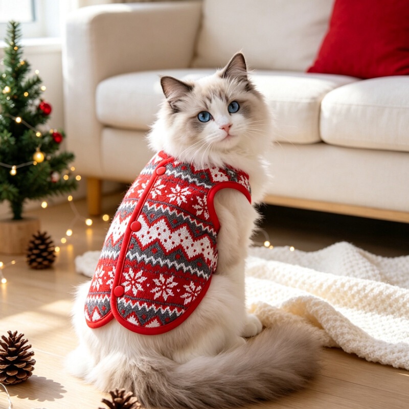 Christmas jacquard knitted pet vest, a soft and warm sweater-style garment for kittens, perfect for creating a festive autumn and winter atmosphere Christmas jacquard knitted pet vest, a soft and warm sweater-style garment for kittens, perfect for creating a festive autumn and winter atmosphere
