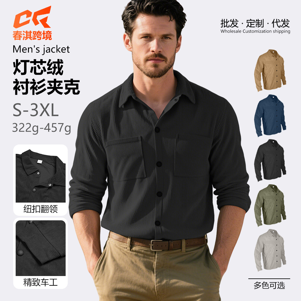 2024 primavera y otoño transfronterizos nueva camisa de manga larga de moda europea y americana con solapa casual chaqueta de velcro para hombre