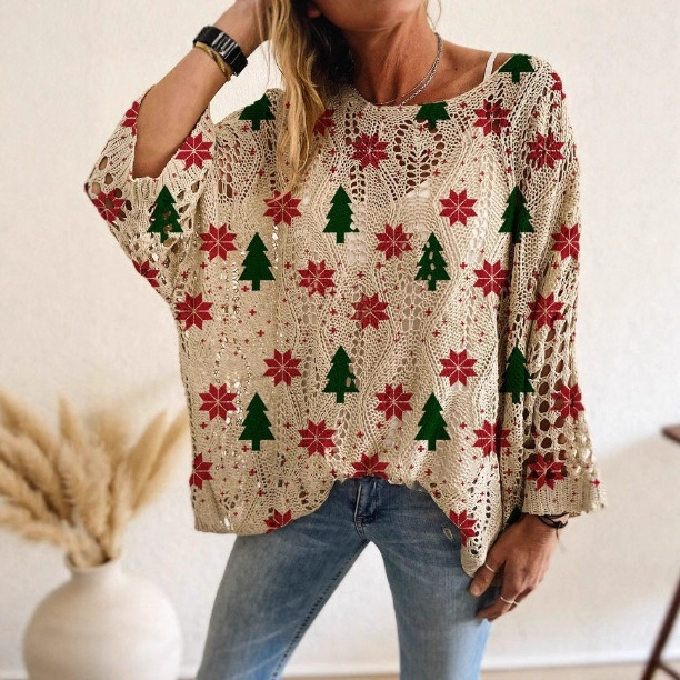 2025 Autumn/Winter Batwing Loose Drop Shoulder Off-Shoulder Diamond Hollow Color-Block Christmas Print Knitted Sweater for Women