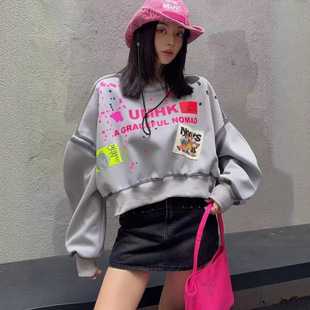 European-Style Short Plus-Size Women's Fashion Letter Graphic Patch Graffiti Loose Casual Pullover Lazy Sweatshirt