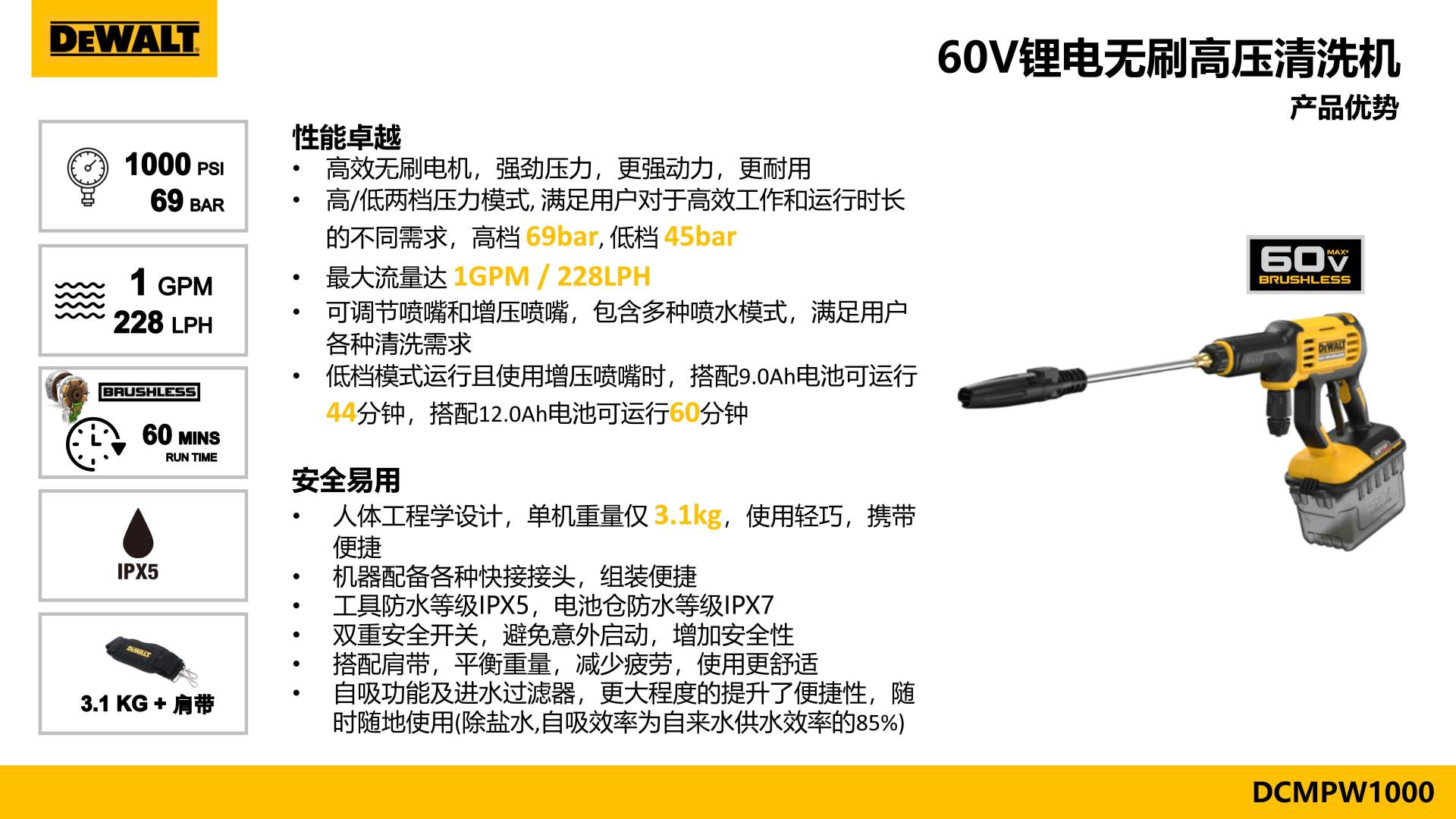 Dewalt Rechargeable High-Pressure Cleaning Machine Lithium Battery Brushless 60Vmax Car Washing Machine Dcmpw1000N