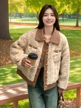 小香风pu皮拼接羊羔毛外套女冬季2024今年流行感短款加厚棉衣